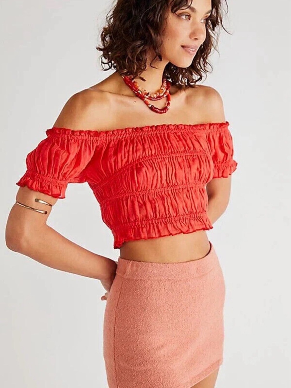 Free People FP One Cheri Top Smocked Cropped Red Off The Shoulder Blouse XS